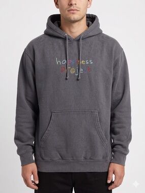 Happiness Project Charcoal Grey Hoodie Size Large Embroidered Logo Sweatshirt